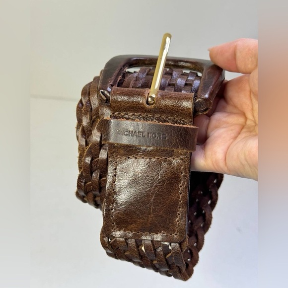 Michael Kors Signed Dark Brown Leather Woven Belt with Large Buckle - Picture 2 of 8